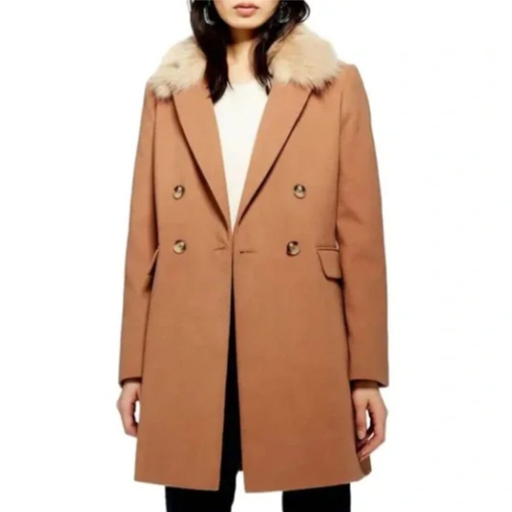NWT Topshop Naomi Faux Fur Detachable Collar Coat Size 2